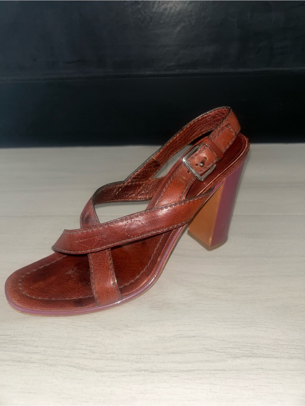 PRADA VINTAGE Leather Slingback Block Heel Sandal Brown/Purple Size 39 - Picture 2 of 11